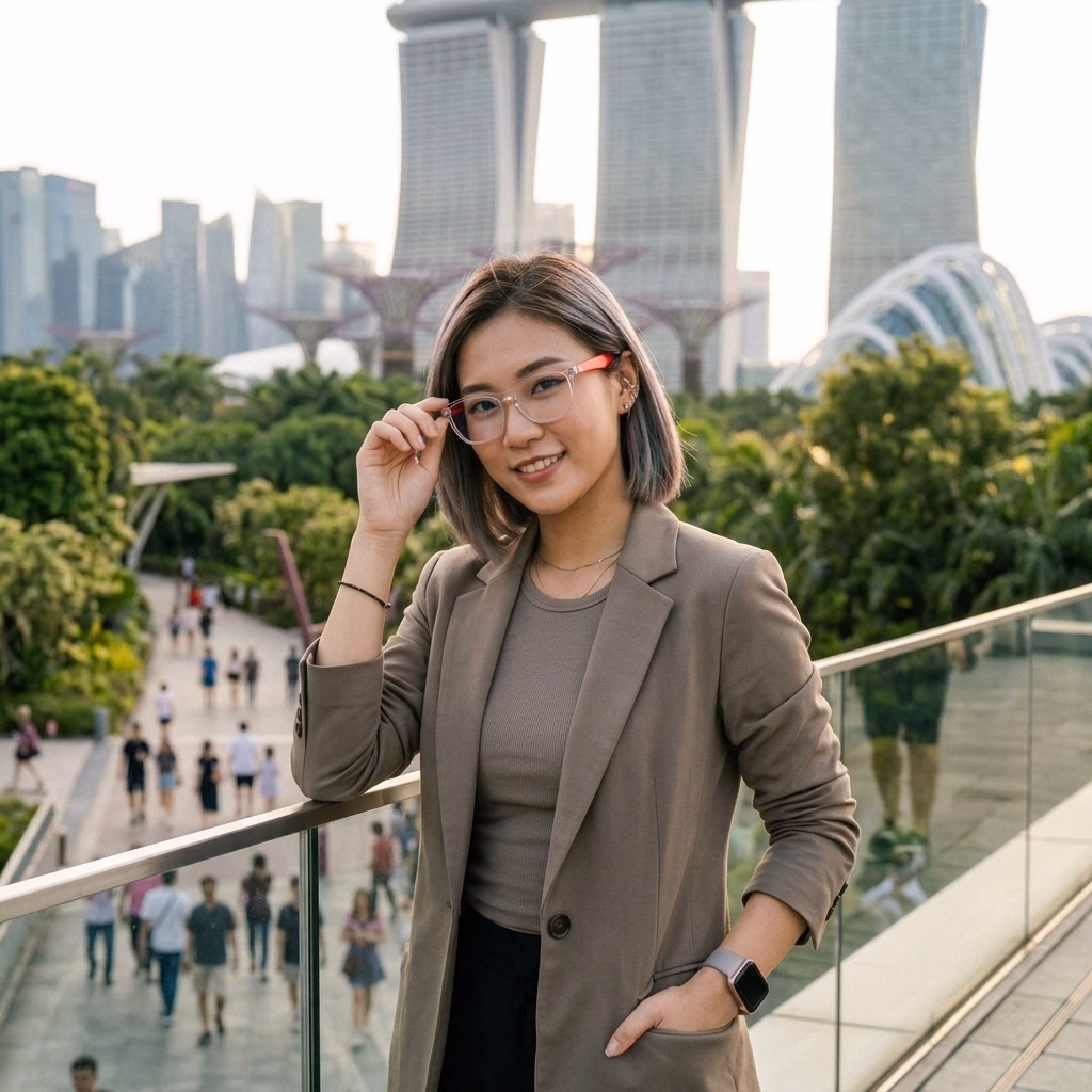 Trendy Asian Model wearing stylish red-accent glasses